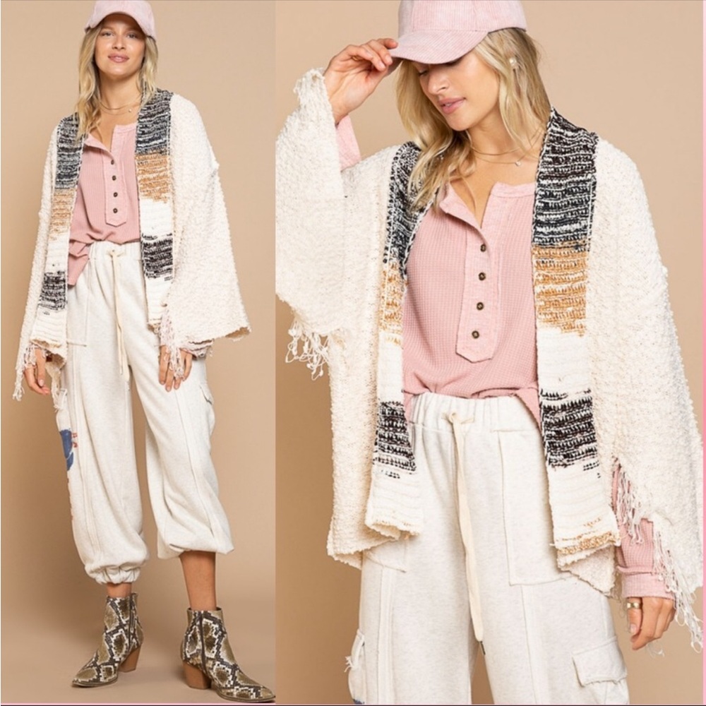 Cozy Fringe Sleeve Open Front Cardigan Sweater Cream Ivory - Picture 3 of 11